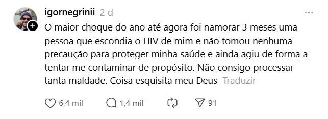 Médico viraliza ao revelar que ex-namorado tentou lhe passar HIV