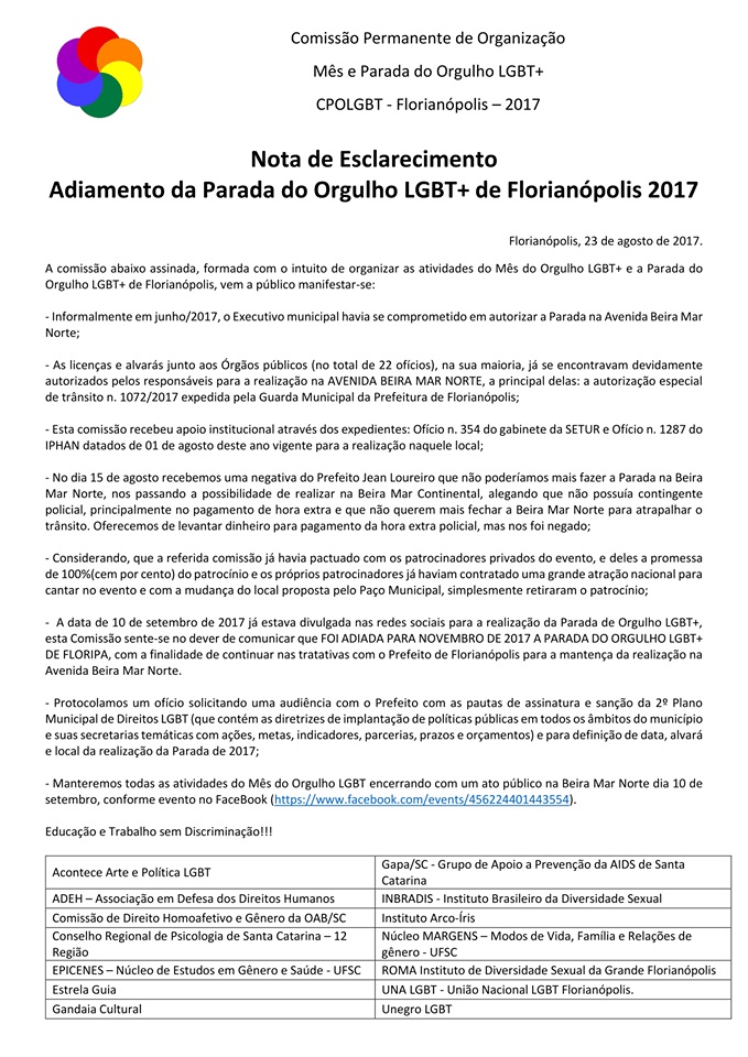 Parada LGBT Floripa 2017 é adiada para novembro