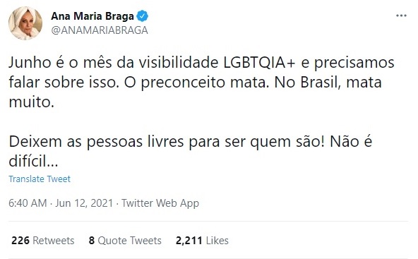 Ana Maria Braga fala sobre gays e LGBT no Twitter