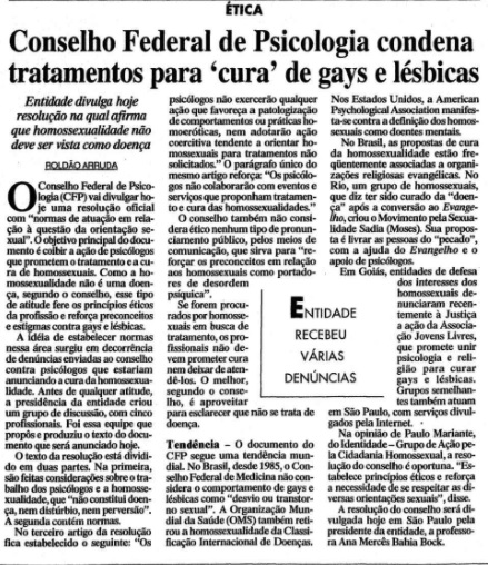 conselho federal de psicologia cura gay lésbica conversão 1999