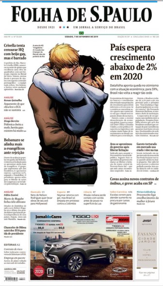 Folha de S.Paulo faz capa histórica com beijo gay de Vingadores que prefeito do Rio, Marcelo Crivella, tentou censurar