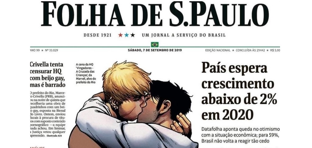 Folha de S.Paulo faz capa histórica com beijo gay que prefeito do Rio tentou censurar na Bienal do Livro