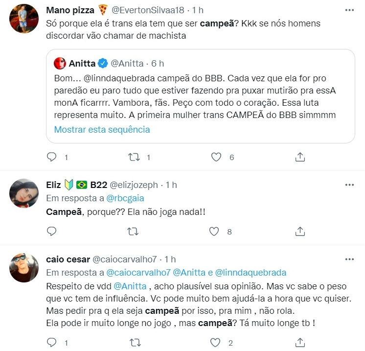 Anitta declara preferência por Linn da Quebrada no BBB22 e fãs criticam