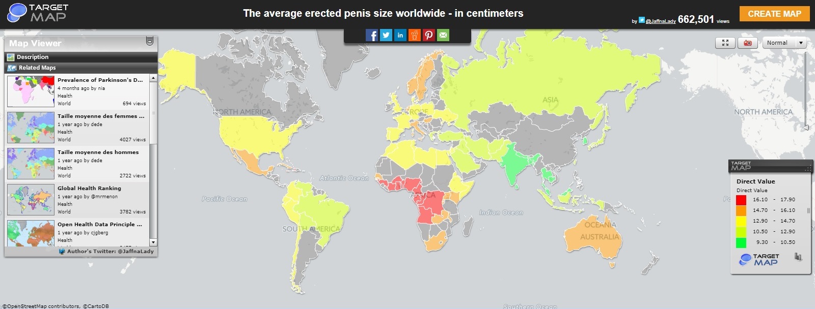 Mapa com tamanho dos pênis no mundo
